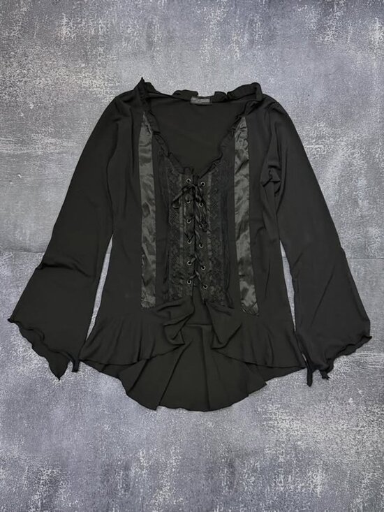 Tops - Whimsigoth Black Lace-Up Bell-Sleeve Blouse